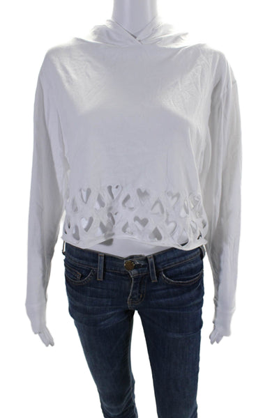 Chrldr Womens Cotton Heart Eyelet Hem Long Sleeve Hooded Crop Top White Size XS
