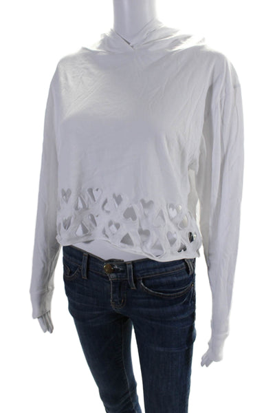 Chrldr Womens Cotton Heart Eyelet Hem Long Sleeve Hooded Crop Top White Size XS