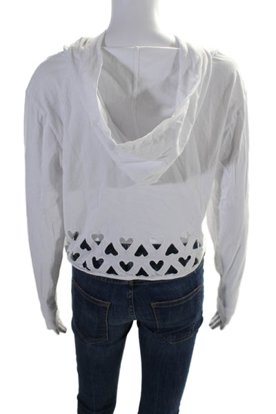Chrldr Womens Cotton Heart Eyelet Hem Long Sleeve Hooded Crop Top White Size XS