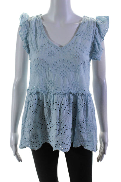 Jennifer & Grace Womens Ruffled V Neck Eyelet Blouse Blue Cotton Size Small