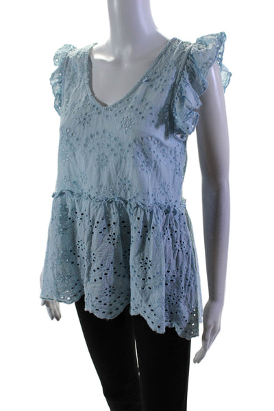 Jennifer & Grace Womens Ruffled V Neck Eyelet Blouse Blue Cotton Size Small