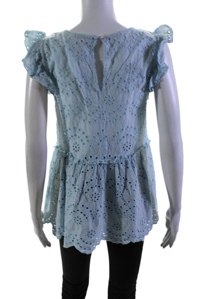 Jennifer & Grace Womens Ruffled V Neck Eyelet Blouse Blue Cotton Size Small