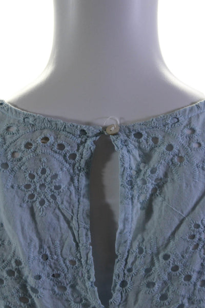 Jennifer & Grace Womens Ruffled V Neck Eyelet Blouse Blue Cotton Size Small