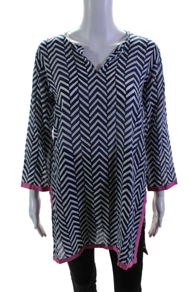 Oliphant Womens 3/4 Sleeve V Neck Herringbone Tunic Top Navy White Size Small