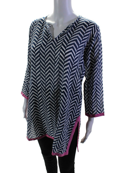 Oliphant Womens 3/4 Sleeve V Neck Herringbone Tunic Top Navy White Size Small