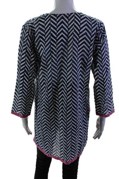 Oliphant Womens 3/4 Sleeve V Neck Herringbone Tunic Top Navy White Size Small