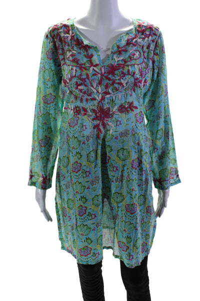 Raj Womens Long Sleeve Floral Printed Keyhole Tunic Top Blue Green Size Medium