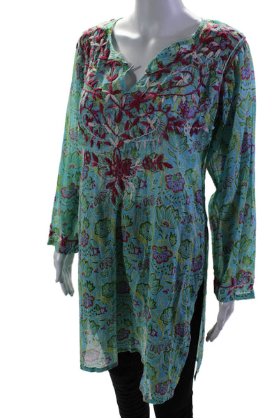 Raj Womens Long Sleeve Floral Printed Keyhole Tunic Top Blue Green Size Medium