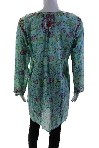 Raj Womens Long Sleeve Floral Printed Keyhole Tunic Top Blue Green Size Medium