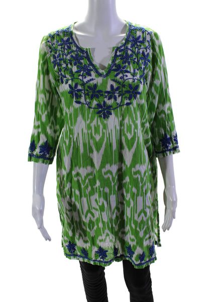 Gretchen Scott Womens 3/4 Sleeve Floral Embroidered Tunic Top Green White Small