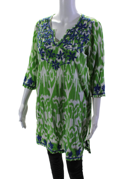 Gretchen Scott Womens 3/4 Sleeve Floral Embroidered Tunic Top Green White Small