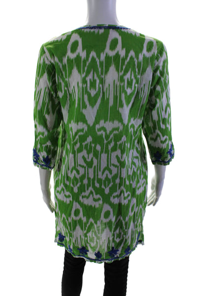 Gretchen Scott Womens 3/4 Sleeve Floral Embroidered Tunic Top Green White Small