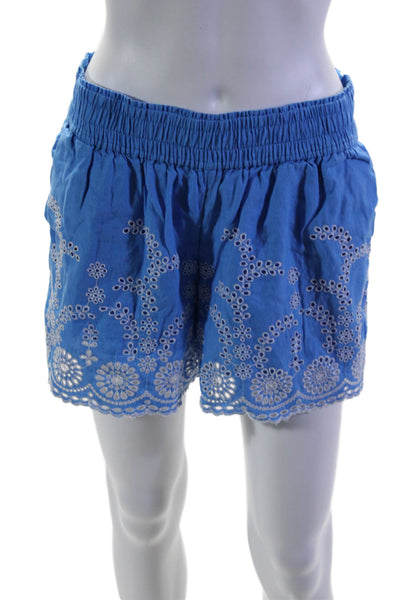 J Crew Womens Elastic Waistband Eyelet Short Shorts Blue White Linen Size Small