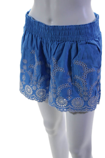 J Crew Womens Elastic Waistband Eyelet Short Shorts Blue White Linen Size Small