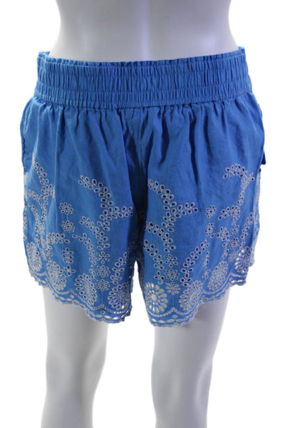 J Crew Womens Elastic Waistband Eyelet Short Shorts Blue White Linen Size Small