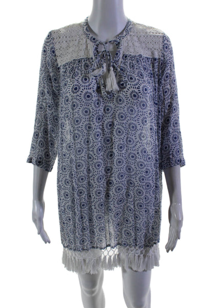 Roller Rabbit Womens 3/4 Sleeve V Neck Tassel Dress Blue White Cotton Size XS