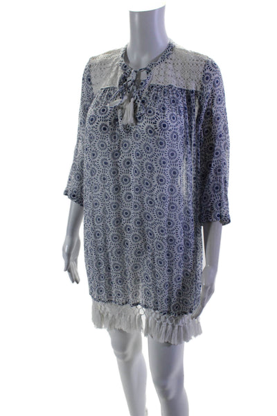 Roller Rabbit Womens 3/4 Sleeve V Neck Tassel Dress Blue White Cotton Size XS