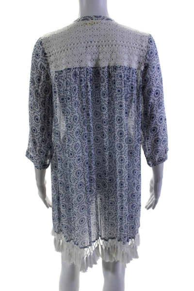 Roller Rabbit Womens 3/4 Sleeve V Neck Tassel Dress Blue White Cotton Size XS