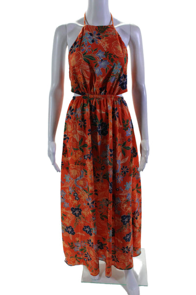 Pink Lily Womens Sleeveless Halter Cut Out Floral Long Dress Orange Size Small