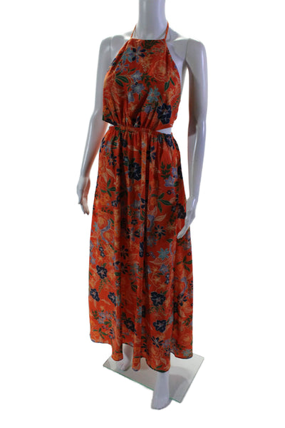 Pink Lily Womens Sleeveless Halter Cut Out Floral Long Dress Orange Size Small