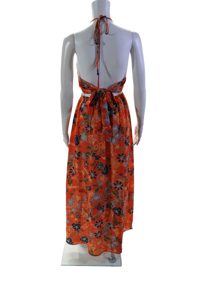 Pink Lily Womens Sleeveless Halter Cut Out Floral Long Dress Orange Size Small