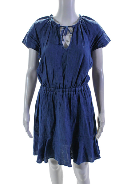 Bella Dahl Womens Short Sleeve Keyhole Linen Shift Dress Blue Size Medium