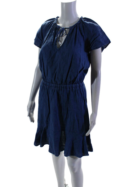 Bella Dahl Womens Short Sleeve Keyhole Linen Shift Dress Blue Size Medium