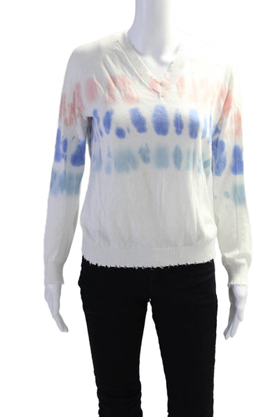 Minnie Rose Womens Cotton Knit Tie Dye Print Distressed V-Neck Top White Size XS