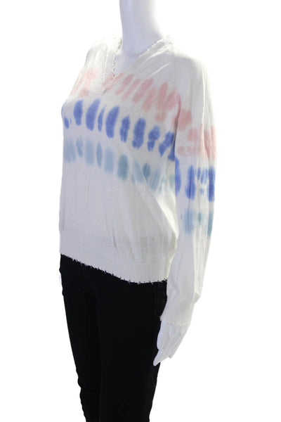 Minnie Rose Womens Cotton Knit Tie Dye Print Distressed V-Neck Top White Size XS