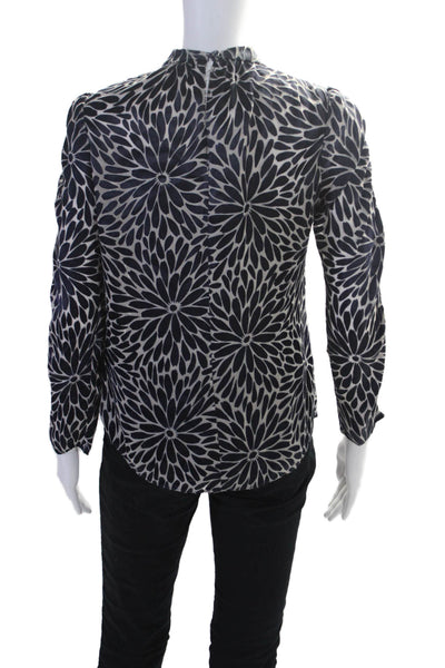 Rebecca Taylor Womens Floral Print Mock Neck Long Sleeve Blouse Top Blue Size 0