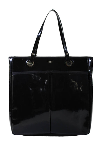 Anya Hindmarch Patent Leather Double Handle Top Zip Medium Tote Handbag Black