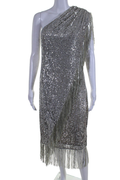 Badgley Mischka Womens Sleeveless Long Tasseled Dress Sequin Silver Size 6 US