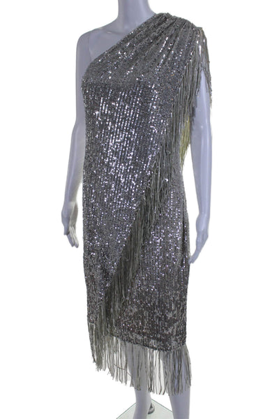 Badgley Mischka Womens Sleeveless Long Tasseled Dress Sequin Silver Size 6 US