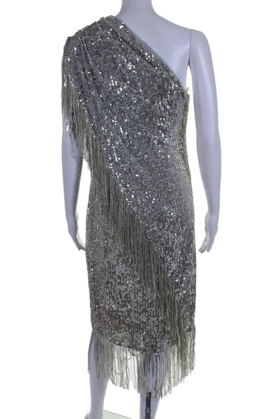 Badgley Mischka Womens Sleeveless Long Tasseled Dress Sequin Silver Size 6 US