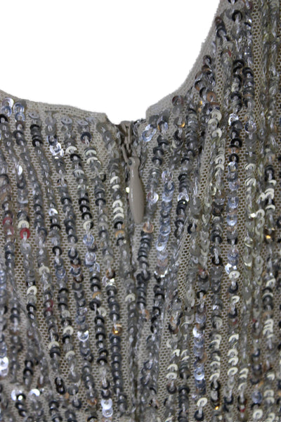 Badgley Mischka Womens Sleeveless Long Tasseled Dress Sequin Silver Size 6 US