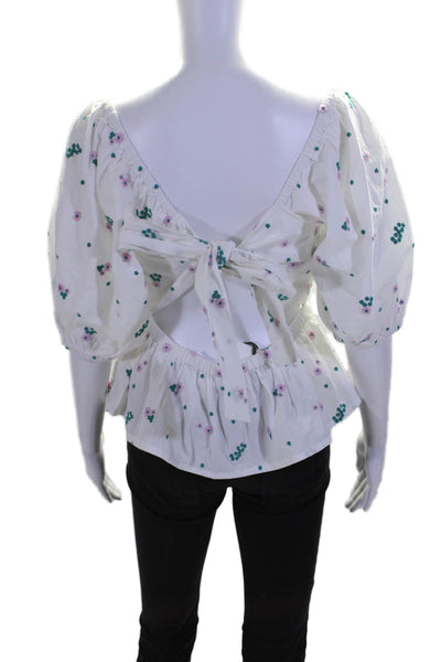 Barbour Womens Cotton White Floral Embroidered Tie Open Back Blouse Top Size 6
