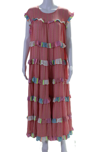 Pitusa Womens Cotton Sleeveless Tiered Ruffle Maxi Dress Pink Multicolor Size P