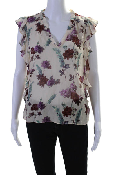 Paige Womens Silk Floral Print V Neck Ruffle Trim Blouse Beige Size XS