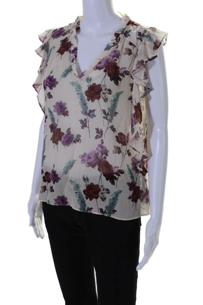 Paige Womens Silk Floral Print V Neck Ruffle Trim Blouse Beige Size XS