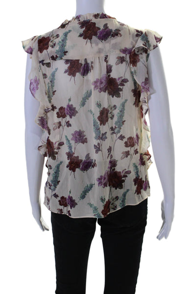 Paige Womens Silk Floral Print V Neck Ruffle Trim Blouse Beige Size XS