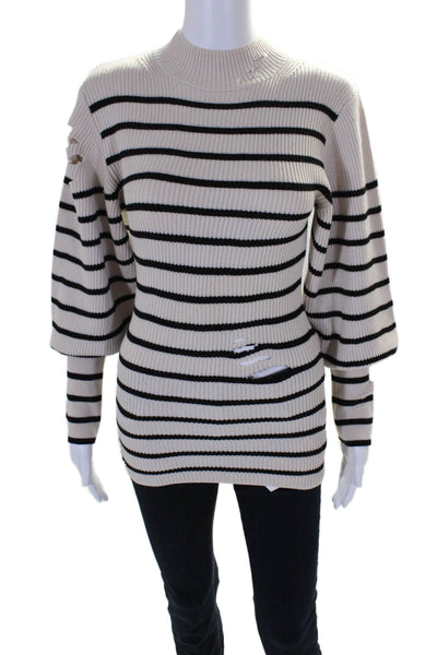 Khaite Womens Wool Striped High Neck Long Sleeve Distressed Top Beige Size M