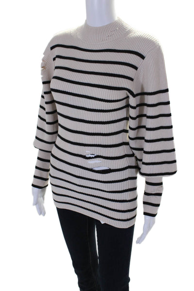 Khaite Womens Wool Striped High Neck Long Sleeve Distressed Top Beige Size M