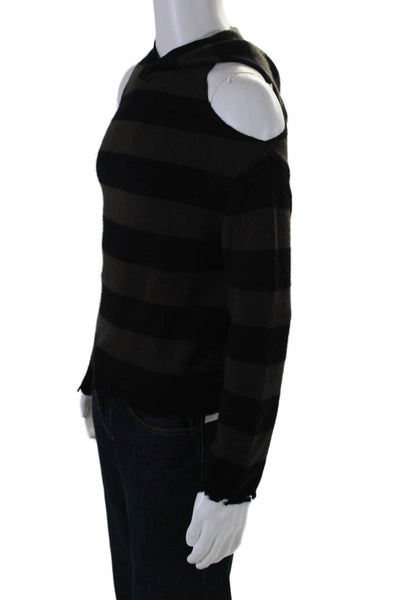 R+A Womens Pullover Striped Cashmere Hooded Sweater Black Brown Size Small