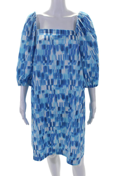 Marella Womens Cotton Spotted Print Square Neck A-Line Midi Dress Blue Size 10