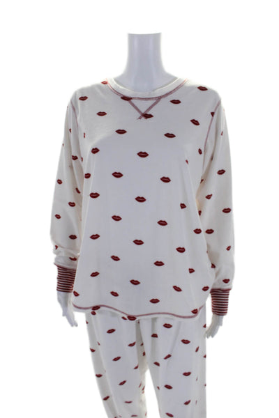 P.J. Salvage Womens Fleece Kiss Print Top Jogger Pants Pajama Set White Size L