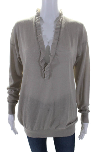 Stella McCartney Womens Taupe Cashmere Ruffle Long Sleeve Sweater Top Size 40