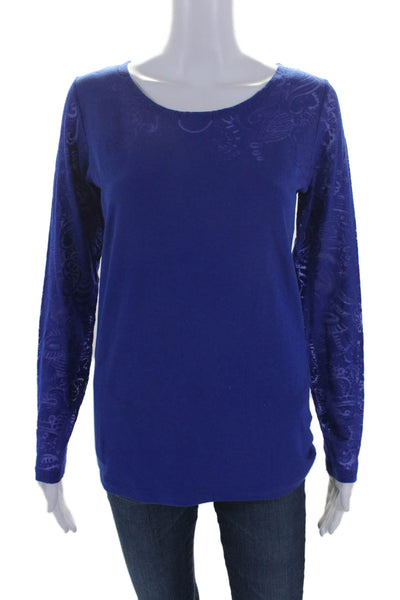 Etro Milano Womens Cotton Blue Paisley Scoop Neck Long Sleeve Knit Top Size 48