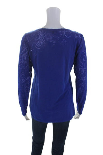 Etro Milano Womens Cotton Blue Paisley Scoop Neck Long Sleeve Knit Top Size 48