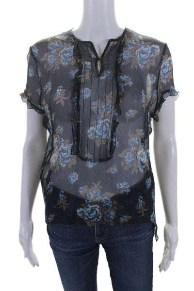 Piazza Sempione Womens Navy Floral Sheer Ruffle Short Sleeve Blouse Top Size S