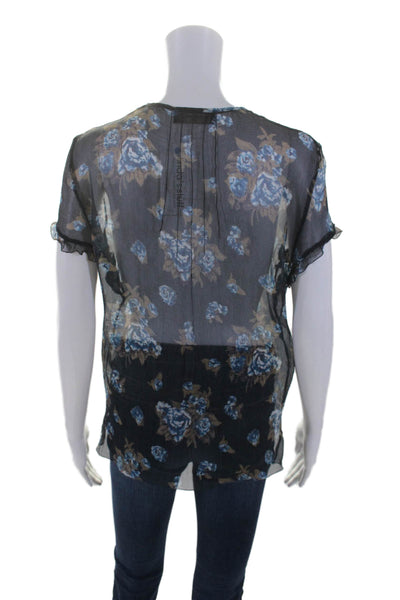 Piazza Sempione Womens Navy Floral Sheer Ruffle Short Sleeve Blouse Top Size S